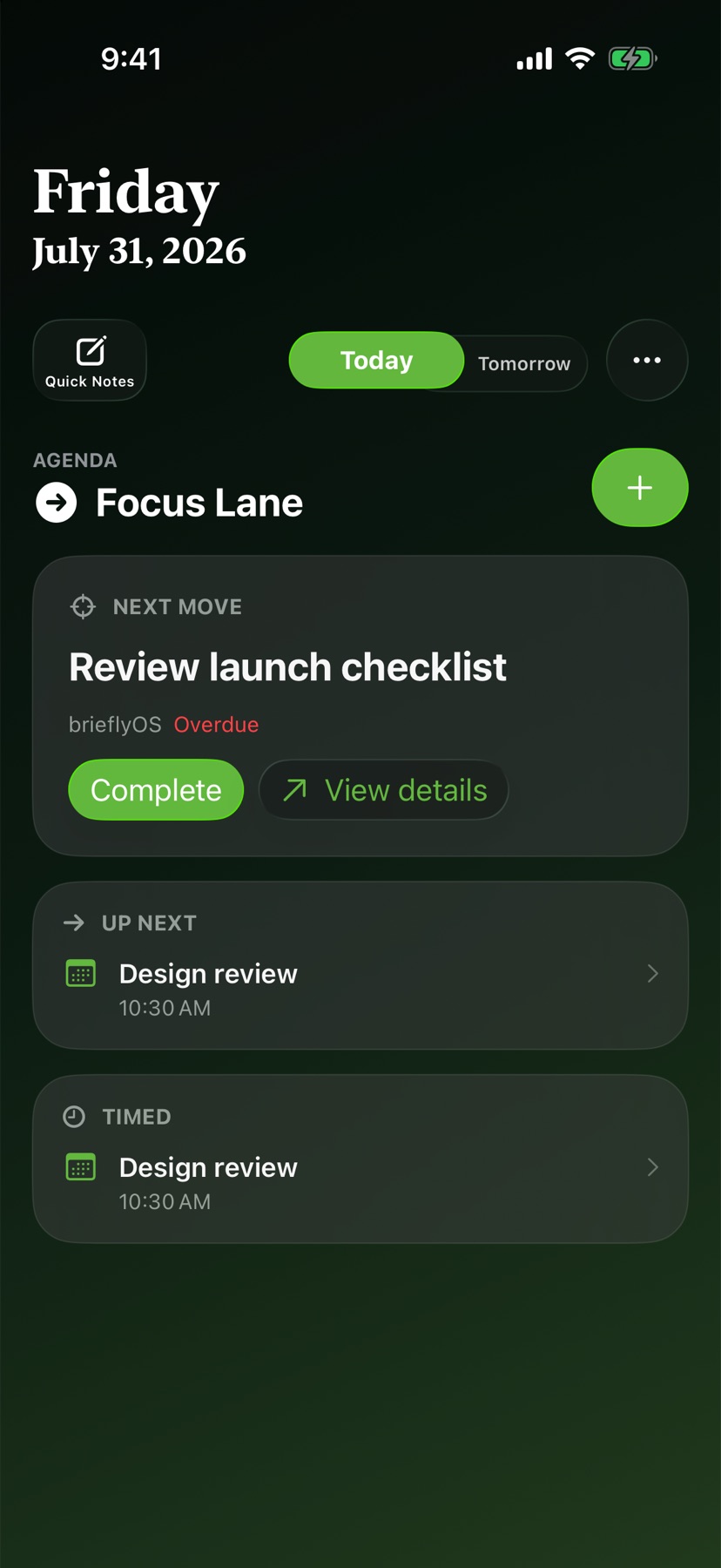 brieflyOS Focus Lane showing a priority task and upcoming design review