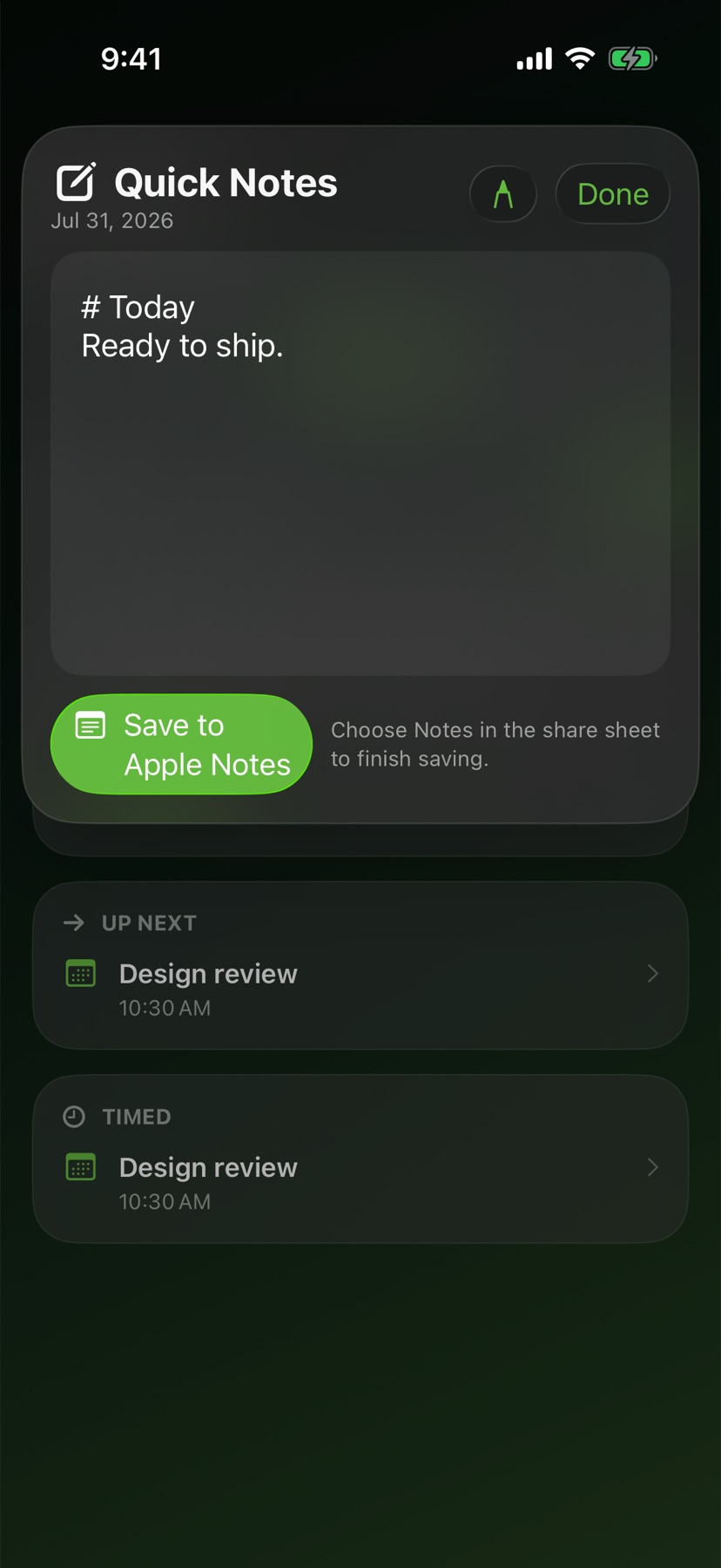 Editable Quick Notes panel with Save to Apple Notes