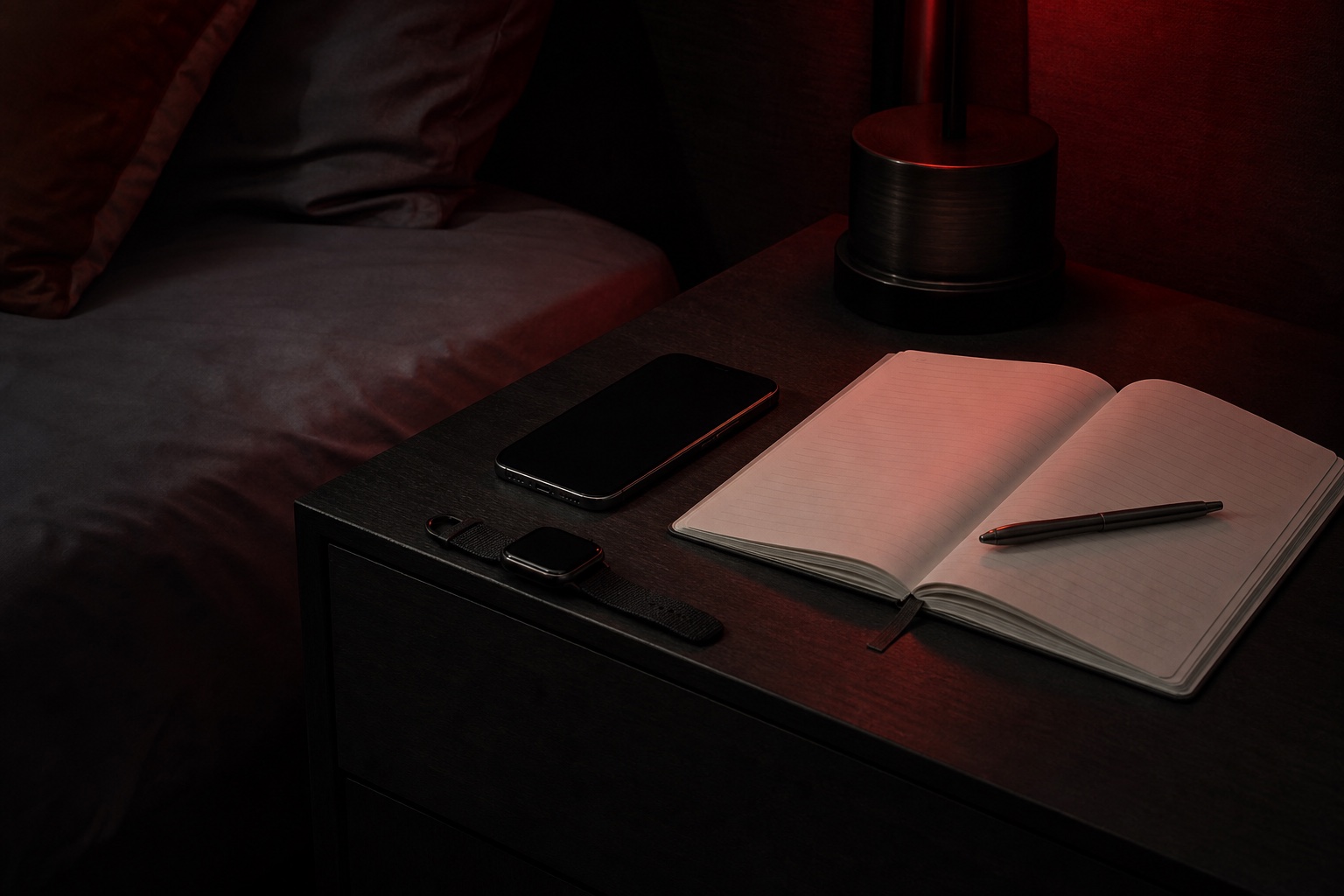 Phone, watch, pen, and open notebook on a dim red bedside table